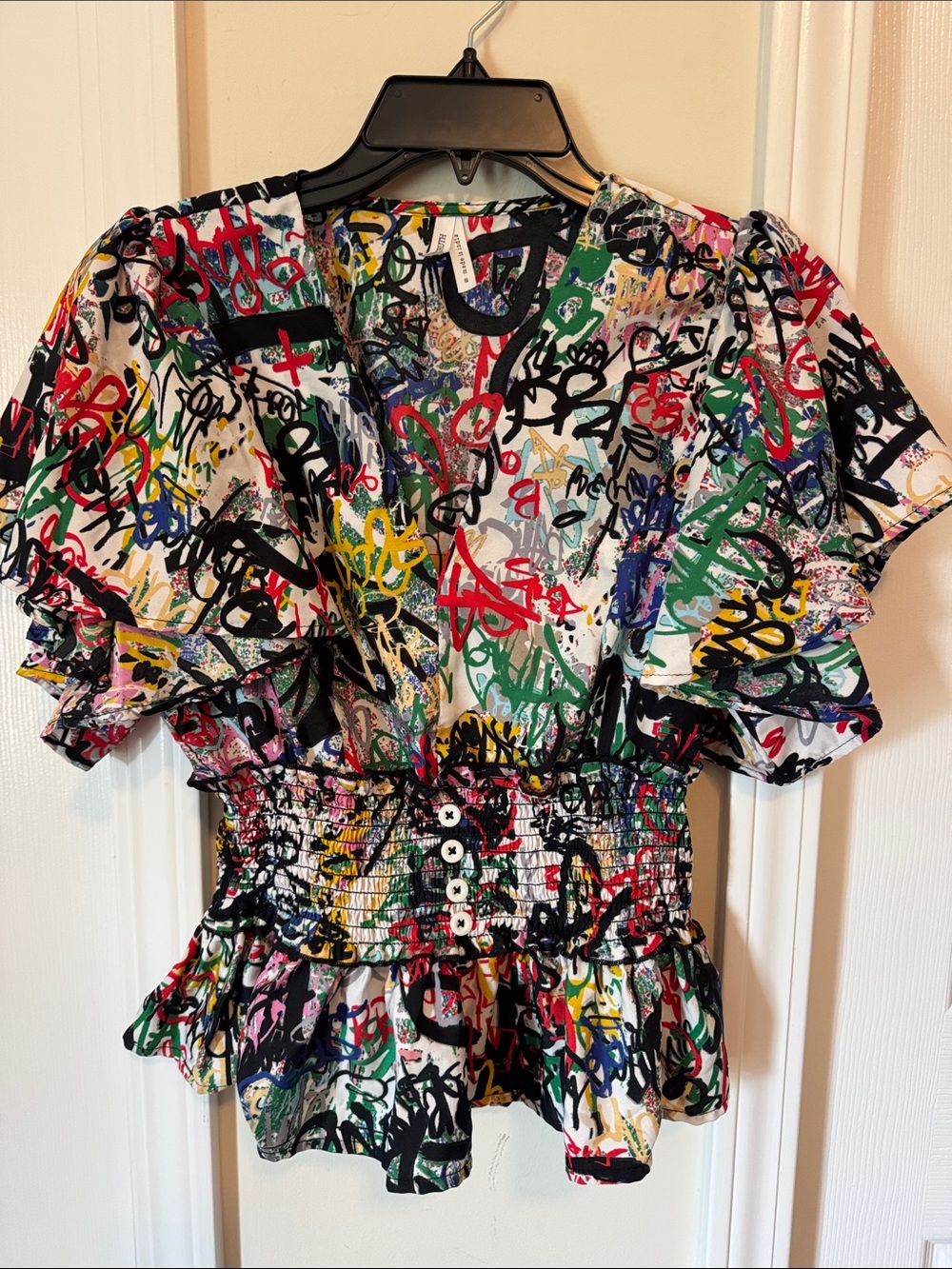 Live 4 Truth Multicolor Graffiti Print Ruffle Sleeve Blouse